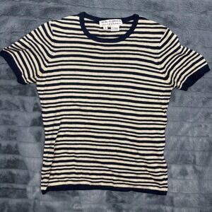 Real Clothes Saks Fifth Avenue Silk Cashmere Striped Short Sleeve Sweater Navy S